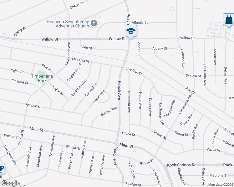 map of restaurants, bars, coffee shops, grocery stores, and more near 9358 Peach Avenue in Hesperia