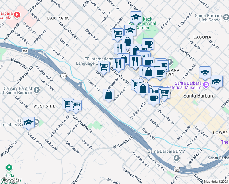 map of restaurants, bars, coffee shops, grocery stores, and more near 1315 Bath Street in Santa Barbara