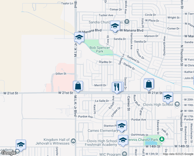 map of restaurants, bars, coffee shops, grocery stores, and more near 108 Dennis Place in Clovis