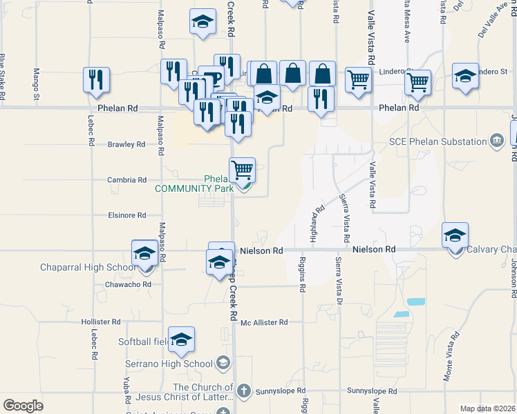map of restaurants, bars, coffee shops, grocery stores, and more near 4128 Warbler Road in Phelan