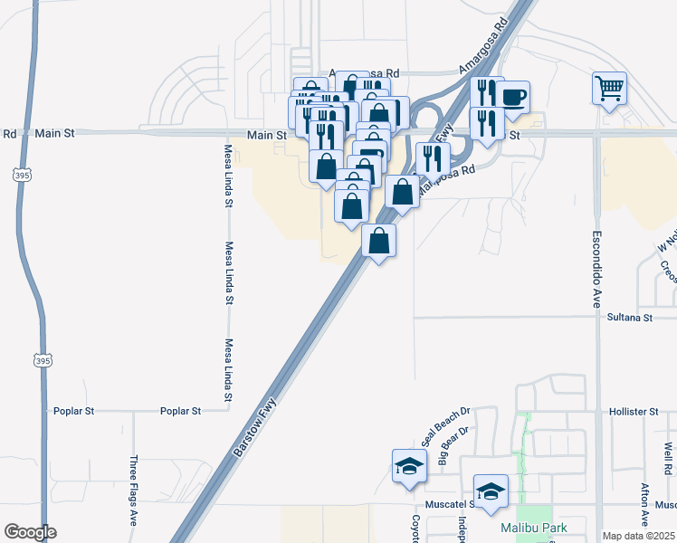 map of restaurants, bars, coffee shops, grocery stores, and more near 12745 Main Street in Hesperia
