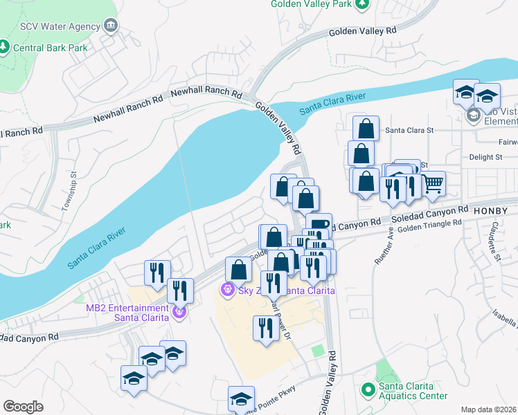 map of restaurants, bars, coffee shops, grocery stores, and more near 21212 Jimpson Way in Santa Clarita