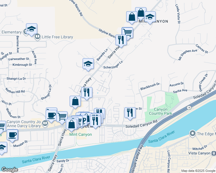 map of restaurants, bars, coffee shops, grocery stores, and more near 27915 Sarabande Lane in Santa Clarita