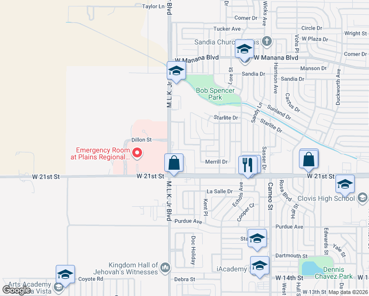 map of restaurants, bars, coffee shops, grocery stores, and more near 701 Corrales Road in Clovis