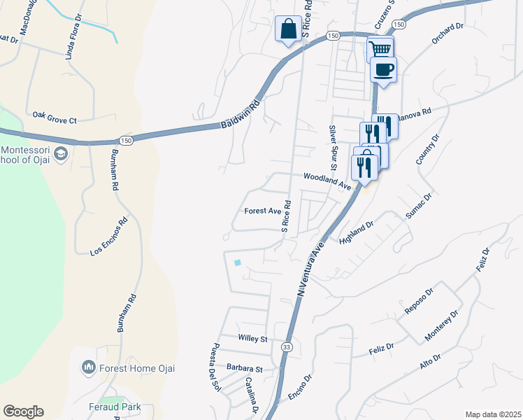 map of restaurants, bars, coffee shops, grocery stores, and more near 2110 Woodland Avenue in Ojai