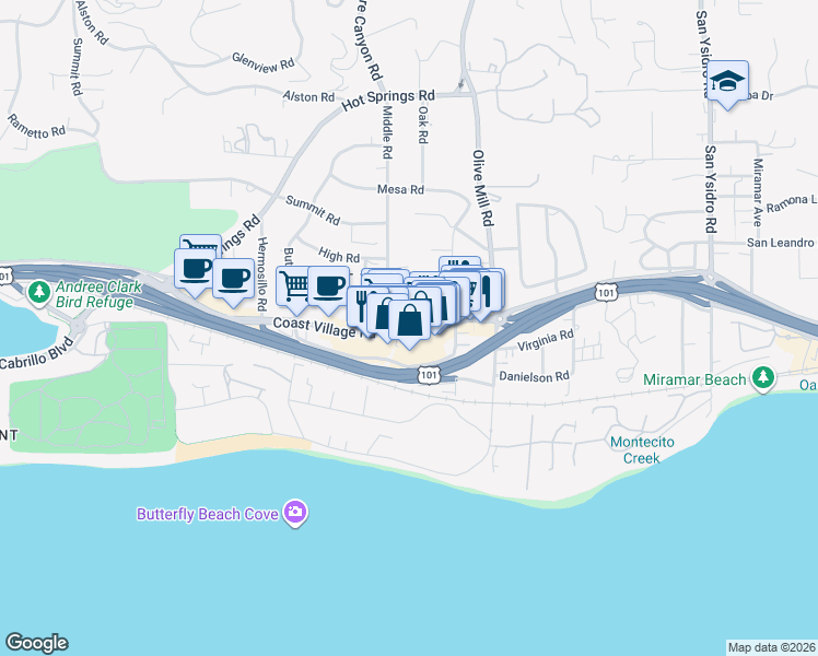 map of restaurants, bars, coffee shops, grocery stores, and more near 134 Middle Road in Montecito