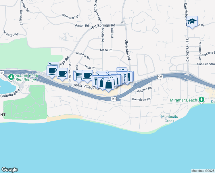 map of restaurants, bars, coffee shops, grocery stores, and more near 134 Middle Road in Montecito