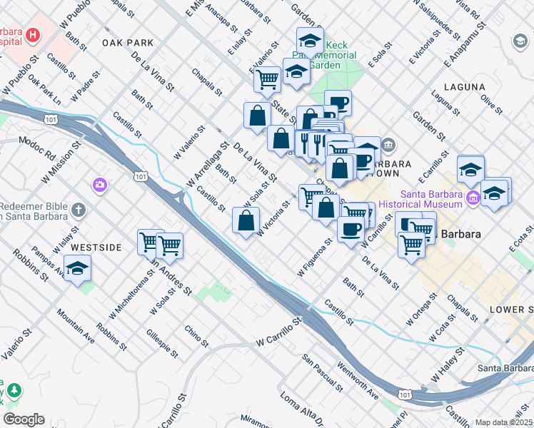 map of restaurants, bars, coffee shops, grocery stores, and more near 216 West Victoria Street in Santa Barbara