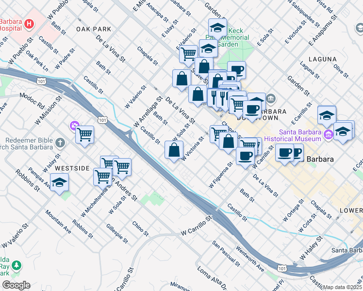 map of restaurants, bars, coffee shops, grocery stores, and more near 1335 Bath Street in Santa Barbara