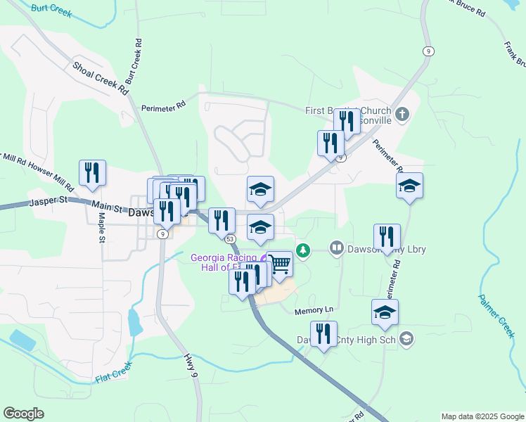 map of restaurants, bars, coffee shops, grocery stores, and more near 41 Fausett Lane in Dawsonville