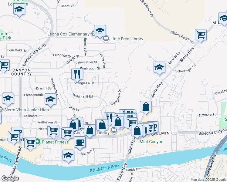 map of restaurants, bars, coffee shops, grocery stores, and more near 27631 Atlas Lane in Santa Clarita