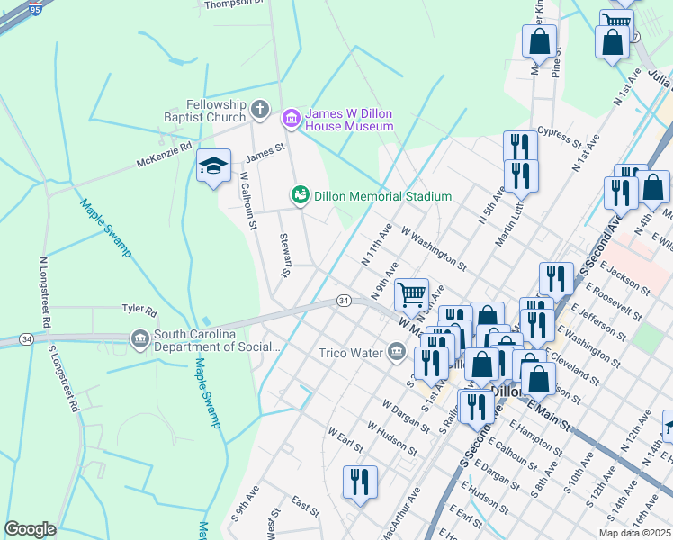 map of restaurants, bars, coffee shops, grocery stores, and more near 111 North Carolina Court in Dillon