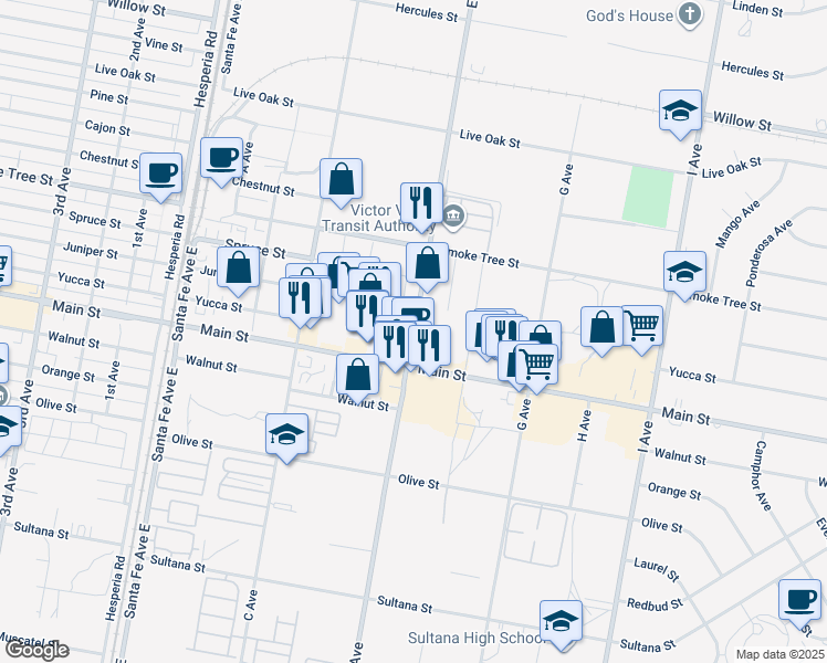 map of restaurants, bars, coffee shops, grocery stores, and more near E Avenue in Hesperia