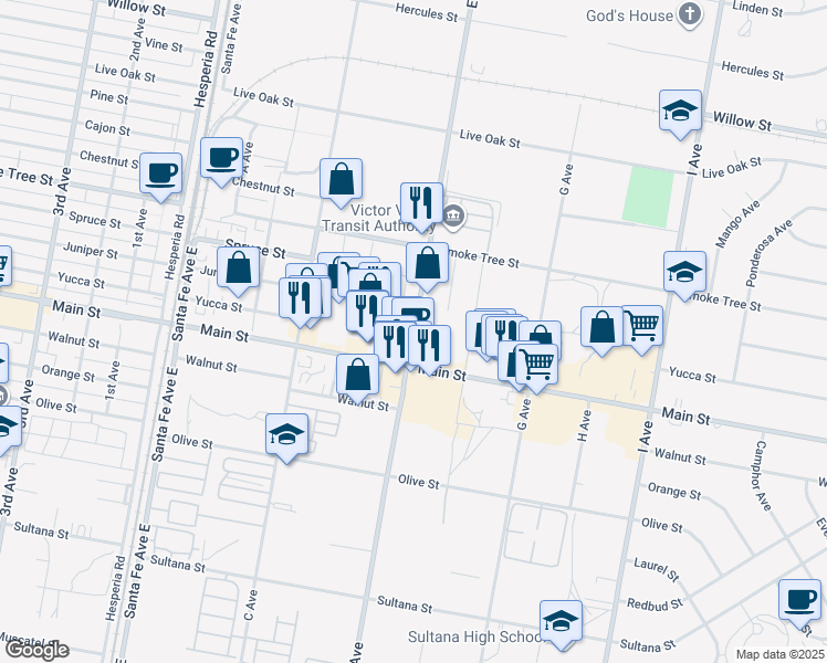 map of restaurants, bars, coffee shops, grocery stores, and more near E Avenue in Hesperia