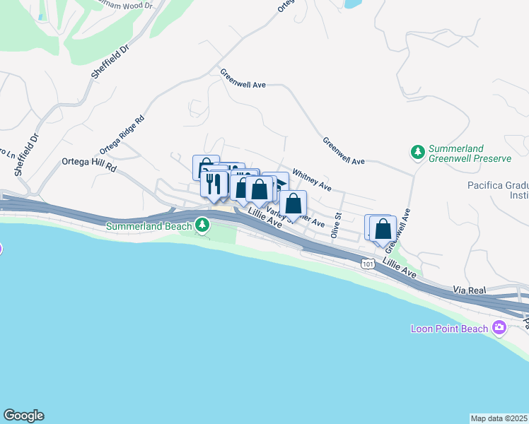 map of restaurants, bars, coffee shops, grocery stores, and more near 2360 Lillie Avenue in Summerland