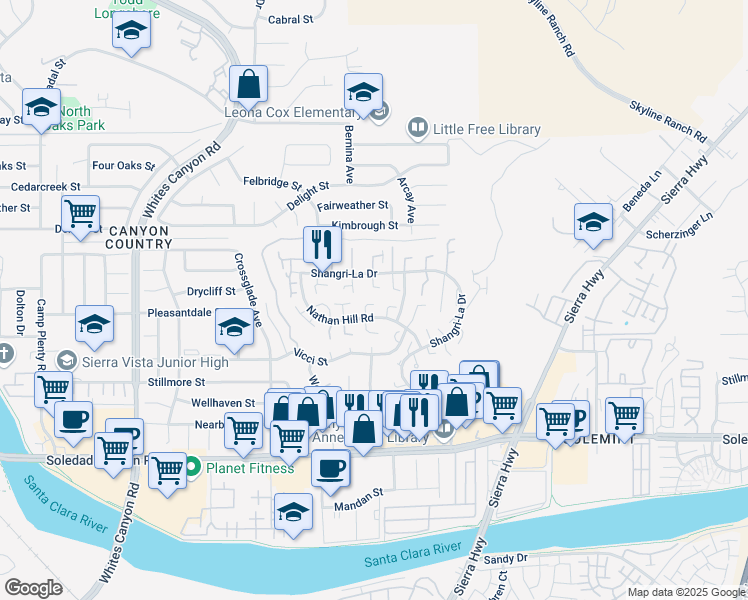 map of restaurants, bars, coffee shops, grocery stores, and more near 27660 Heather Ridge Way in Santa Clarita