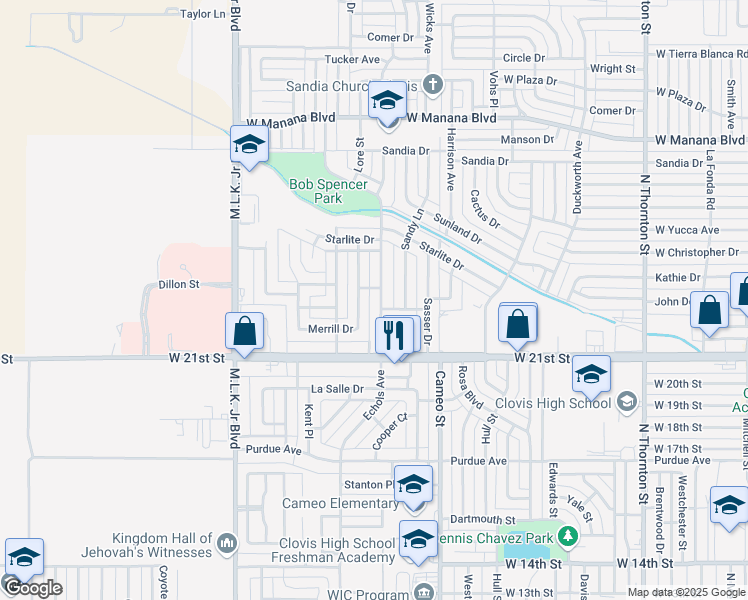 map of restaurants, bars, coffee shops, grocery stores, and more near 2116 Echols Avenue in Clovis