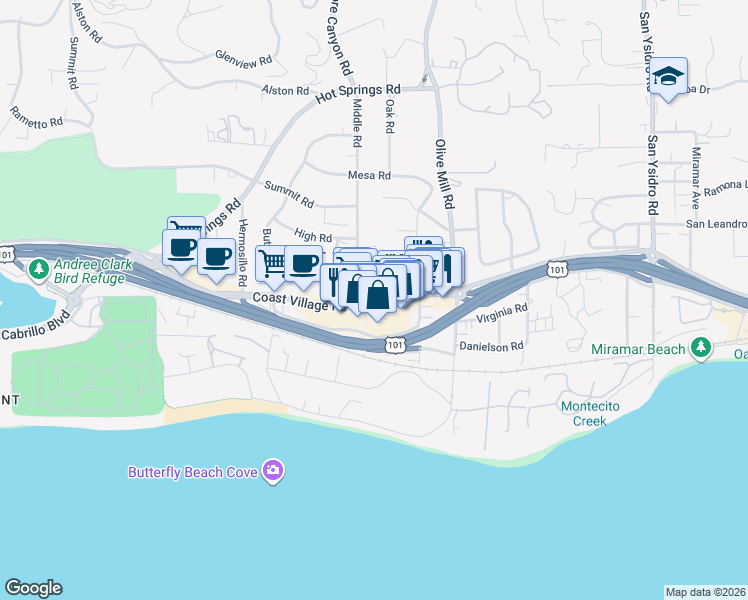 map of restaurants, bars, coffee shops, grocery stores, and more near 1220 Coast Village Road in Santa Barbara