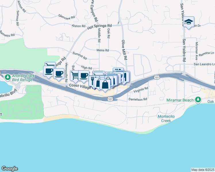 map of restaurants, bars, coffee shops, grocery stores, and more near 1220 Coast Village Road in Montecito