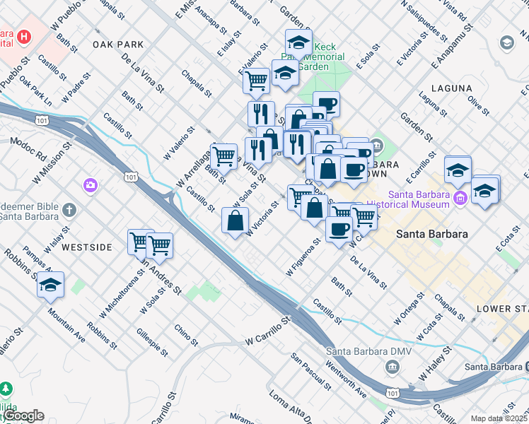 map of restaurants, bars, coffee shops, grocery stores, and more near 236 West Victoria Street in Santa Barbara