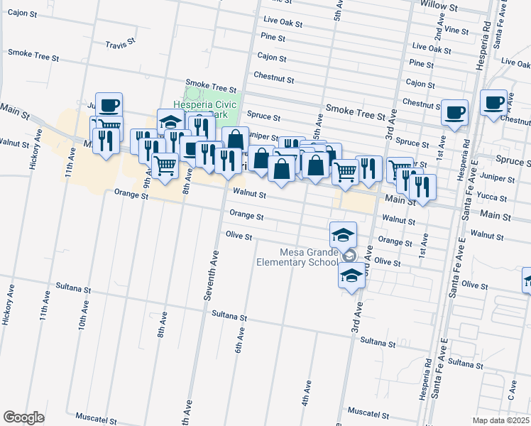 map of restaurants, bars, coffee shops, grocery stores, and more near 16017 Walnut Street in Hesperia