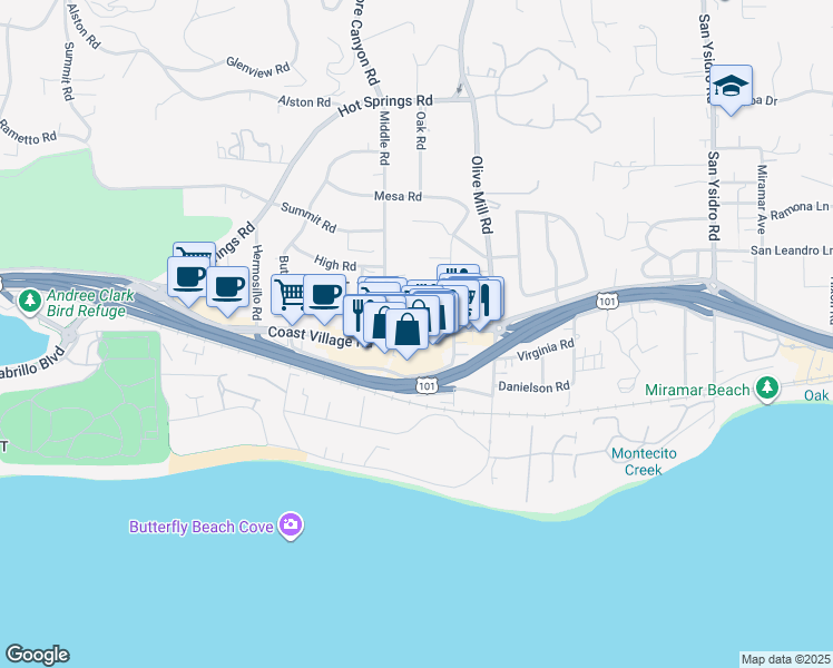 map of restaurants, bars, coffee shops, grocery stores, and more near 134 Middle Road in Montecito