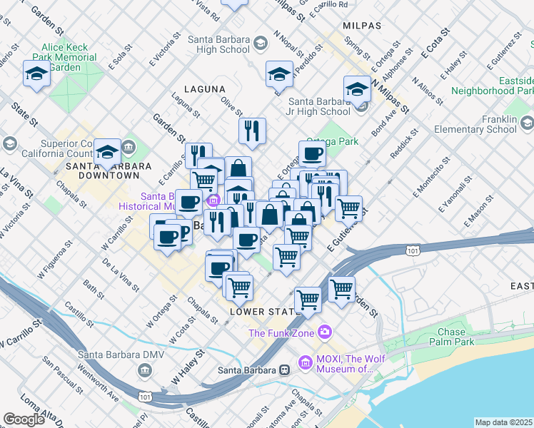 map of restaurants, bars, coffee shops, grocery stores, and more near in Santa Barbara