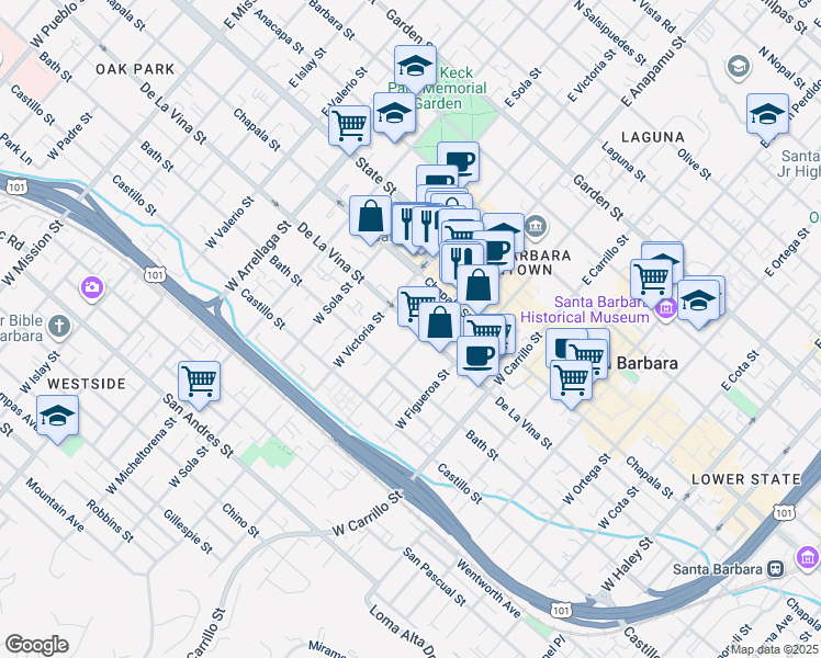 map of restaurants, bars, coffee shops, grocery stores, and more near 1220 De La Vina Street in Santa Barbara