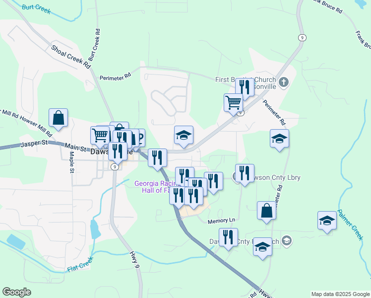 map of restaurants, bars, coffee shops, grocery stores, and more near 40 Fausett Lane in Dawsonville