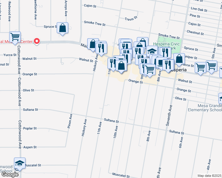 map of restaurants, bars, coffee shops, grocery stores, and more near 9383 11th Avenue in Hesperia