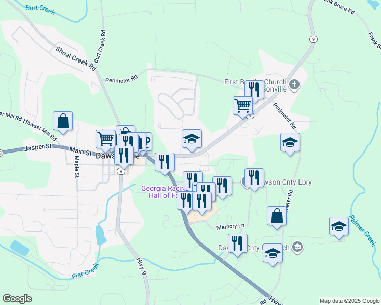 map of restaurants, bars, coffee shops, grocery stores, and more near 19 Fausett Lane in Dawsonville