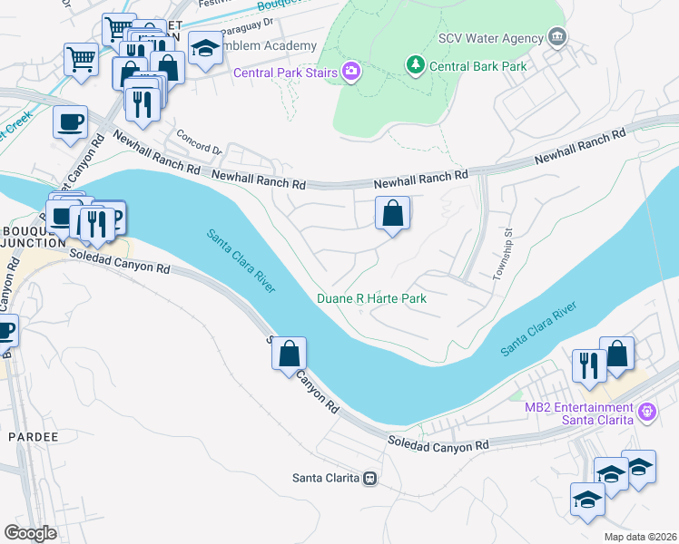 map of restaurants, bars, coffee shops, grocery stores, and more near 22590 Skipping Stone Drive in Santa Clarita