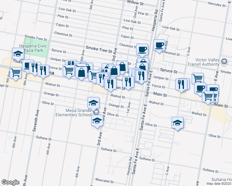map of restaurants, bars, coffee shops, grocery stores, and more near 16366 Walnut Street in Hesperia