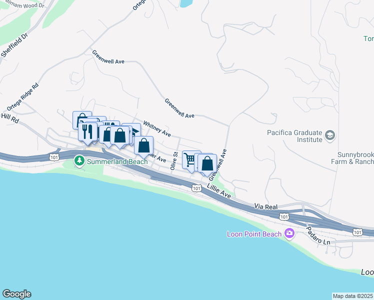 map of restaurants, bars, coffee shops, grocery stores, and more near 195 Olive Street in Summerland