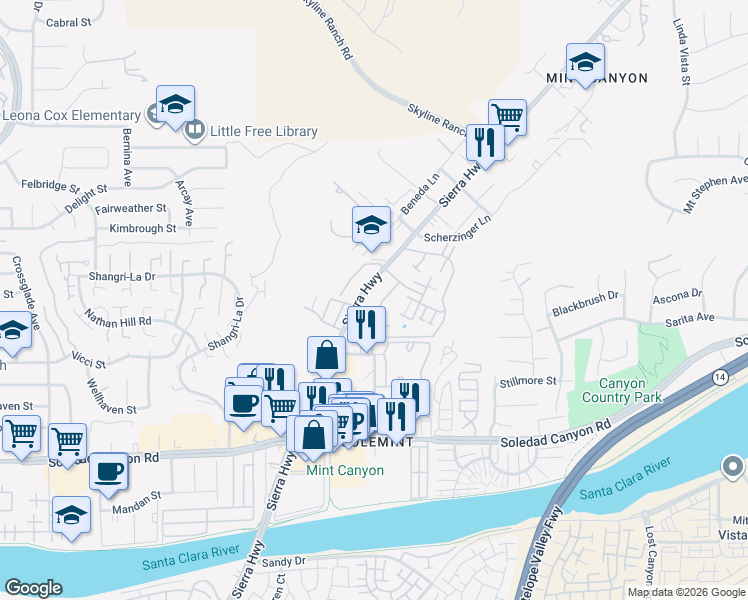 map of restaurants, bars, coffee shops, grocery stores, and more near 18146 American Beauty Drive in Santa Clarita