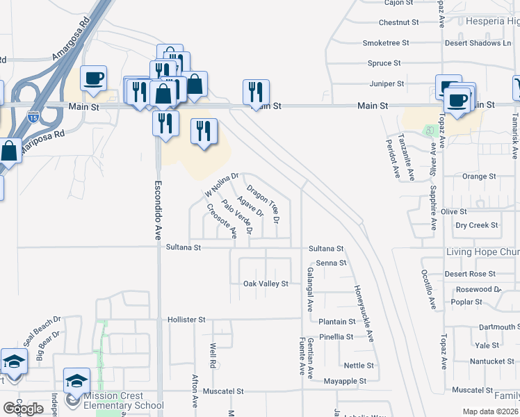 map of restaurants, bars, coffee shops, grocery stores, and more near 9379 Agave Drive in Hesperia