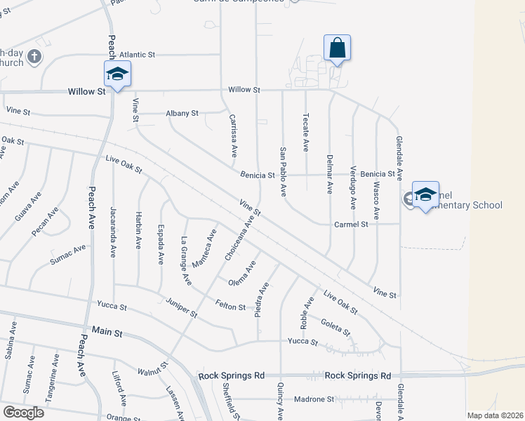 map of restaurants, bars, coffee shops, grocery stores, and more near 9381 Choiceana Avenue in Hesperia