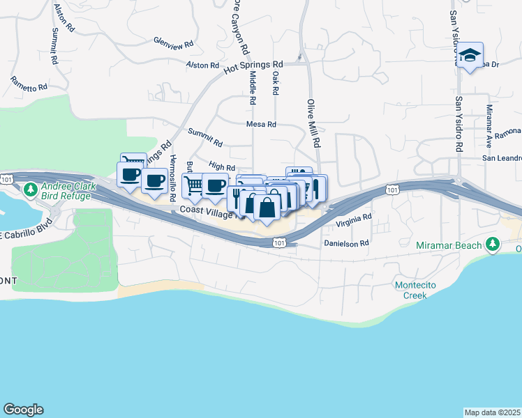 map of restaurants, bars, coffee shops, grocery stores, and more near 1220 Coast Village Road in Santa Barbara