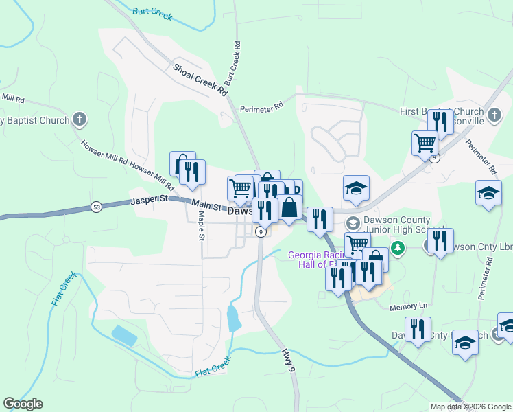 map of restaurants, bars, coffee shops, grocery stores, and more near 31 Main Street in Dawsonville