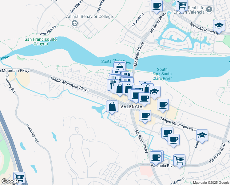 map of restaurants, bars, coffee shops, grocery stores, and more near 24815-24865 Riverchase Drive in Santa Clarita