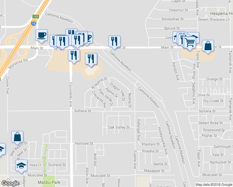 map of restaurants, bars, coffee shops, grocery stores, and more near 9379 Agave Drive in Hesperia