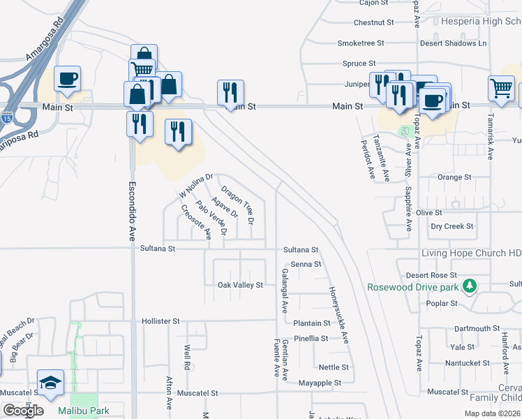 map of restaurants, bars, coffee shops, grocery stores, and more near 13690 West Nolina Drive in Hesperia