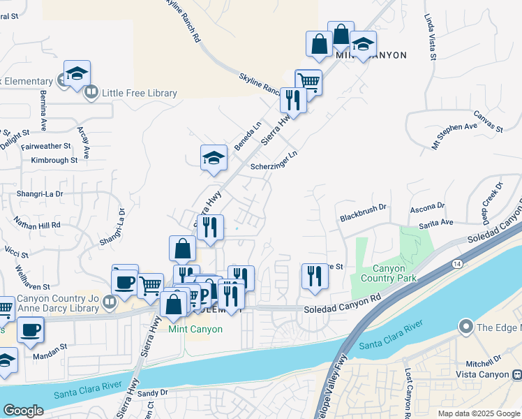 map of restaurants, bars, coffee shops, grocery stores, and more near 27930 Tyler Lane in Santa Clarita