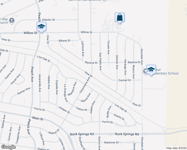 map of restaurants, bars, coffee shops, grocery stores, and more near 9381 Choiceana Avenue in Hesperia