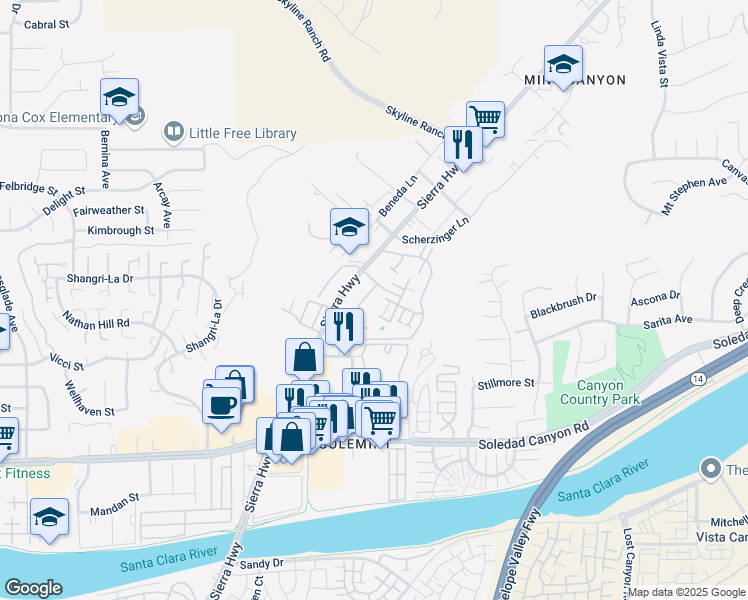 map of restaurants, bars, coffee shops, grocery stores, and more near 18146 American Beauty Drive in Santa Clarita