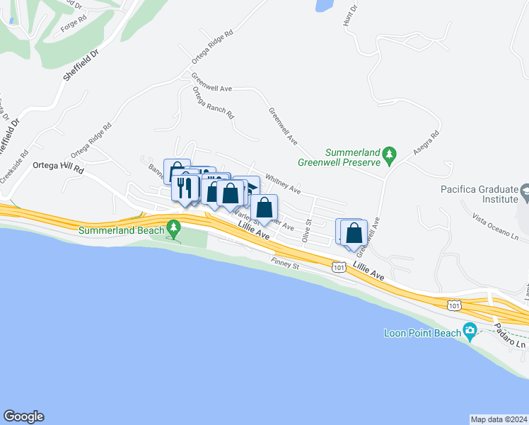 map of restaurants, bars, coffee shops, grocery stores, and more near 2402 Shelby Street in Summerland