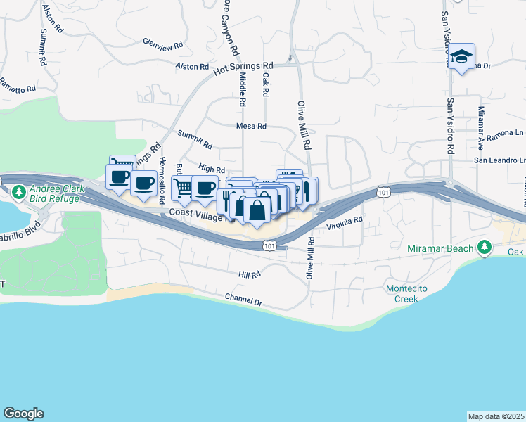 map of restaurants, bars, coffee shops, grocery stores, and more near 134 Middle Road in Montecito