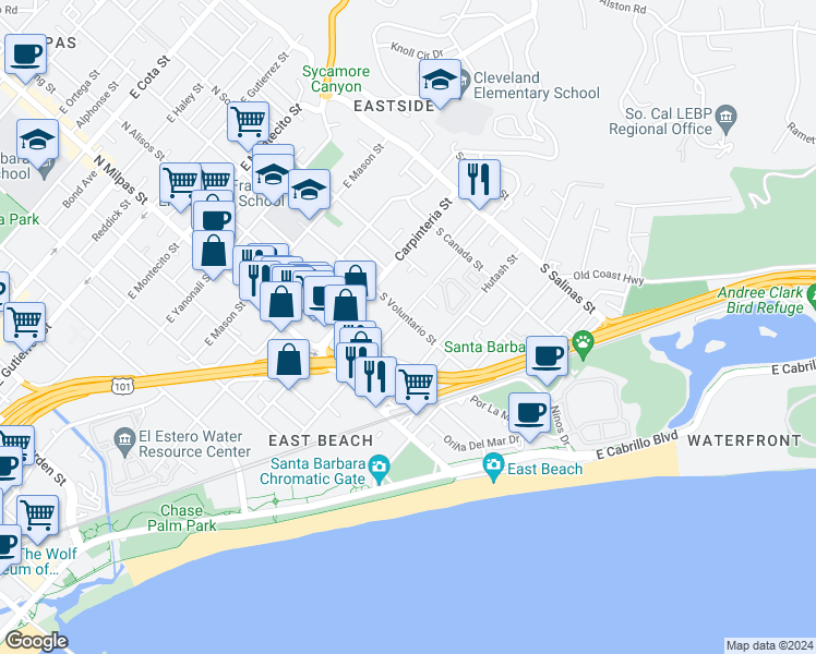 map of restaurants, bars, coffee shops, grocery stores, and more near 1035 Cacique Street in Santa Barbara