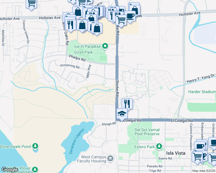 map of restaurants, bars, coffee shops, grocery stores, and more near 6925 Whittier Drive in Goleta