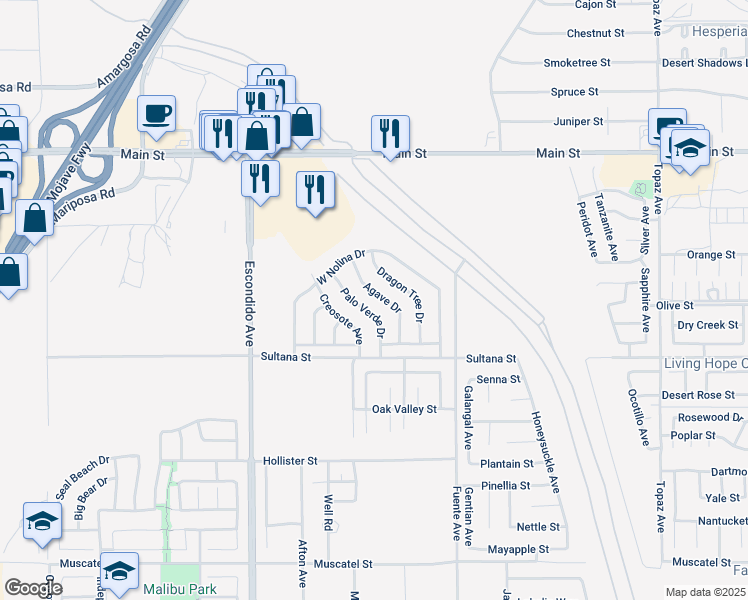 map of restaurants, bars, coffee shops, grocery stores, and more near 9392 Agave Drive in Hesperia